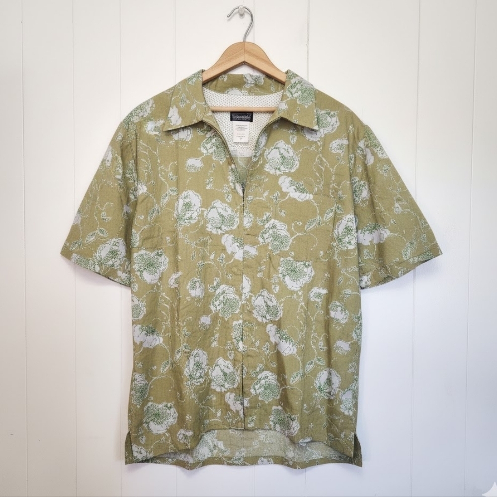 Patagonia Cotton Sideburn Zip-Up Short Sleeve Shirt Green Tropical Mens Large